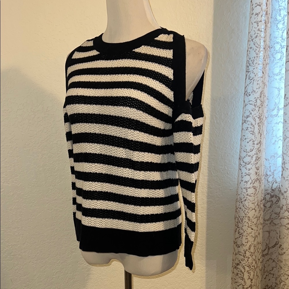 Striped Black and White cold shoulder Sweater